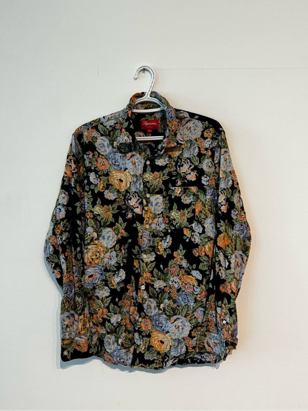 Supreme Black Floral Button-Down Shirt with Blue and Yellow Roses